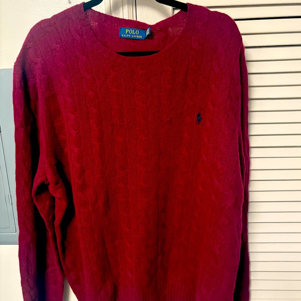 Polo Ralph Lauren Sweater Men Large Maroon Blue Pony Crew Neck Cable Knit Cotton